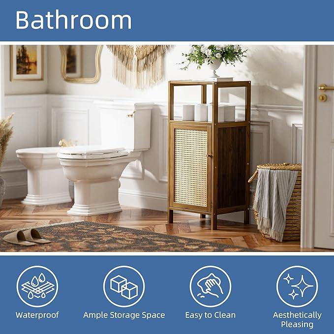 HITNET Rattan Bathroom Floor Cabinet, Bamboo Storage Cupboard with Single Door, Freestanding Small Living Room Sideboard, Space Saving Entryway Storage Unit, Walnut - ModernBath