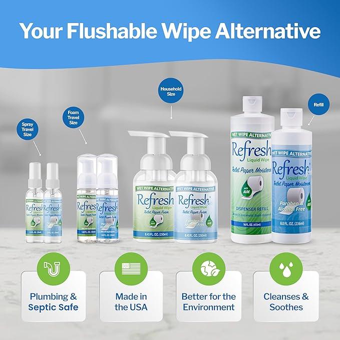 Refresh Liquid Wipe Free - Toilet Paper Foam for Sensitive Skin - Flushable Wet Wipe Alternative - Cleanses & Soothes with Witch Hazel & Aloe - Alcohol & Paraben Free, 250ml & 50ml (10.14 oz) (Combo) - ModernBath