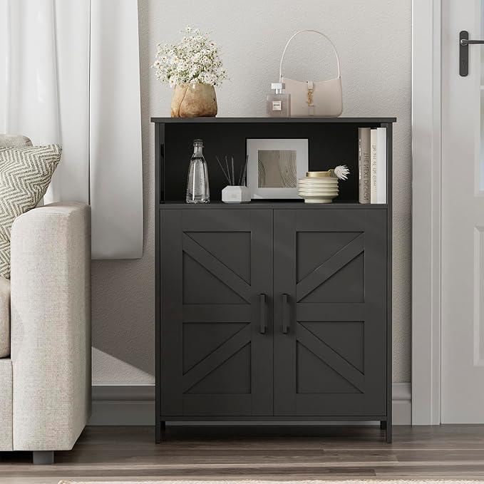 Homhedy Farmhouse Bathroom Storage Cabinet with 2 Doors, Toilet Paper Cabinet with Adjustable Shelves, Small Bathroom Cabinet for Kitchen/Laundry/Living Room, 11.8 x 23.6 x 31.5 Inches, Black - ModernBath