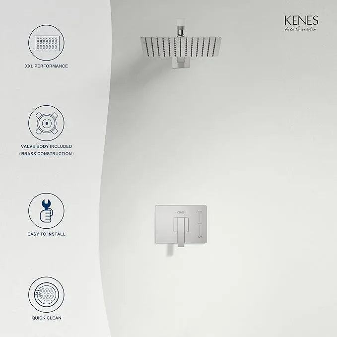 KENES Brushed Nickel 10-Inch Shower Head and Handle Set, Square Shower Faucet Set Bathroom Rainfall Shower System Wall Mount, KE-6024B (Shower Valve Included) - ModernBath