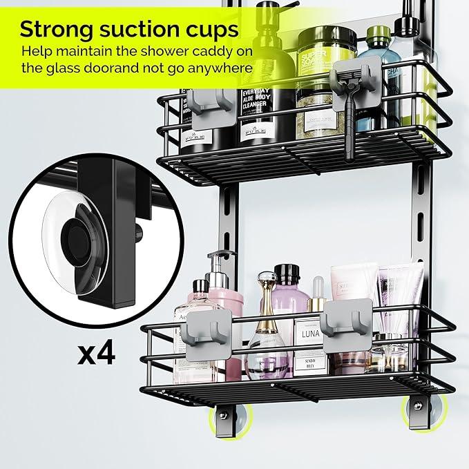 Orimade Over The Door Shower Caddy Adjustable 3 Tier Black,Bathroom Hanging Organizer Shelf Rustproof with 4 Hooks,Shower Basket with Soap Holder and Suction Cup - ModernBath