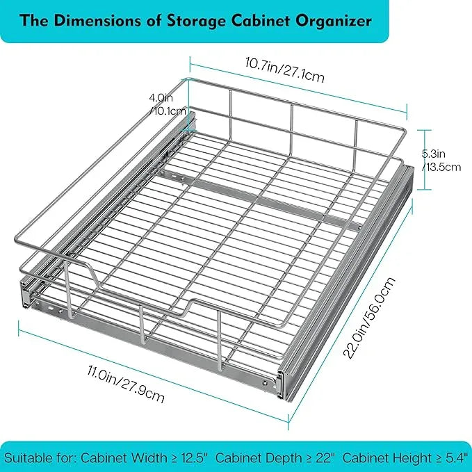 Pull Out Cabinet Organizer 11" W X 22" D, Slide Out Drawers For kitchen organizers and storage, Pull Out Drawers For Cabinets Capacity Heavy Duty Caddy, Cabinet Shelves Chrome-Plated, Bathroom Pantry - ModernBath