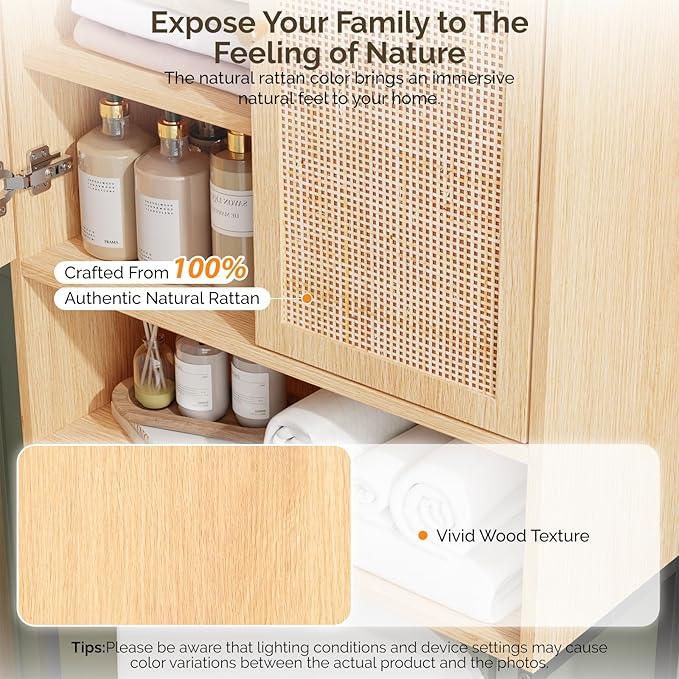VINGLI Over The Toilet Storage Cabinet, Rattan Bathroom Organizer Behind Toilet,Above Metal Stand Rack Tall Freestanding Wood Cabinet with Wicker Doors,Adjustable Shelf for Bathroom,Restroom,Bohemian - ModernBath