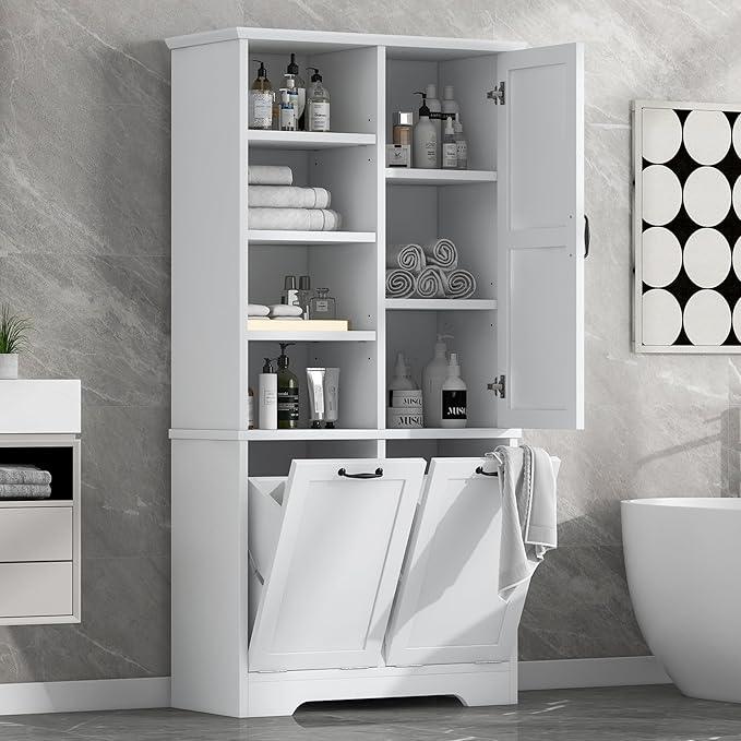 Bathroom Storage Cabinet with Doors and Drawers, Tilt-Out Laundry Hamper, Multiple Storage Space, Freestanding Style, Open Shelve, Adjustable Shelf (White) - ModernBath