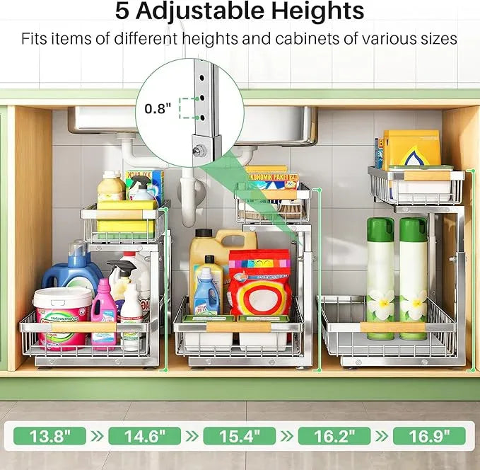 Under Sink Organizer, Stainless Steel 1-Pack 2 Tier Under Sink Organizers and Storage, Slide out Pull out Cabinet Shelf, Sliding Drawer for Kitchen Bathroom Pantry Cabinet Closet Organization Rack - ModernBath