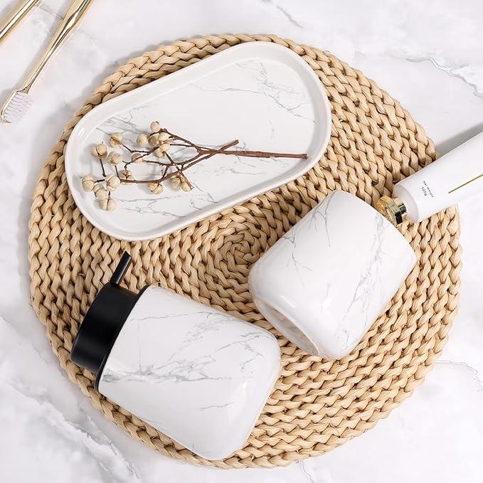 BosilunLife Marble Bathroom Accessory Set - 3 pcs Ceramic Bathroom Soap Dispenser Set Farmhouse Bathroom Counter Decor Set Accessories, Soap Dispenser and Toothbrush Holder, Tray - ModernBath