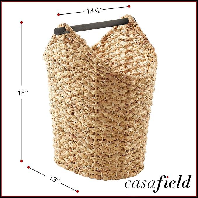 Casafield Toilet Paper Storage Basket with Wood Roll Holder Bar - Natural, Braided Water Hyacinth Wicker Bathroom Tissue Storage Organizer - ModernBath
