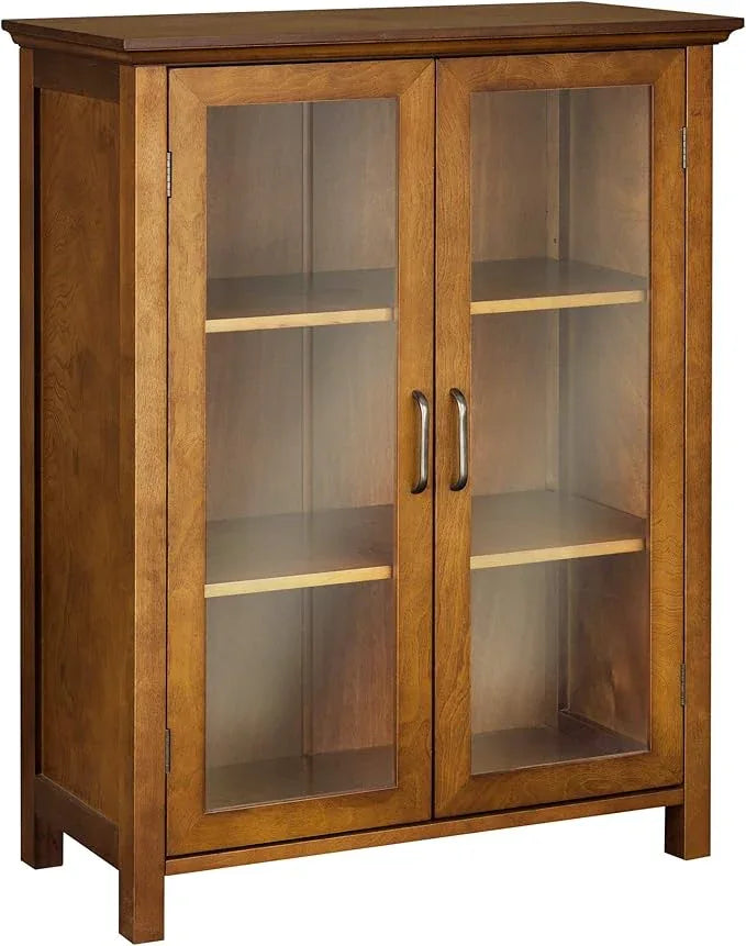Teamson Home Avery Wooden Freestanding Floor Cabinet with 2 Adjustable Shelves 3 Storage Spaces 2 Glass Paneled Doors and 2 Antique Brass Knobs, Oiled Oak - ModernBath