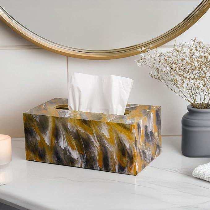LebriQ Rectangular Tissue Box Cover | Heavyweight 1.5lbs Non-Slip Base | Gift Box Ready |Black, Amber & White Marble Acrylic Tissue Holder | Decorative Tissue Box for Bathroom, Bedroom,Office & Vanity - ModernBath