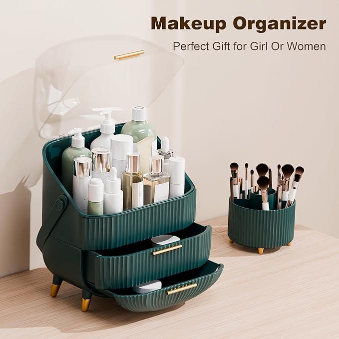 lurcns Makeup Organizers and Storage Make up Organizer for Vanity Cosmetics Skincare With Lid and Drawers Display Cases for Countertop Bathroom Women Teenager Girl Gifts(Dark Green+Brush Holder) - ModernBath