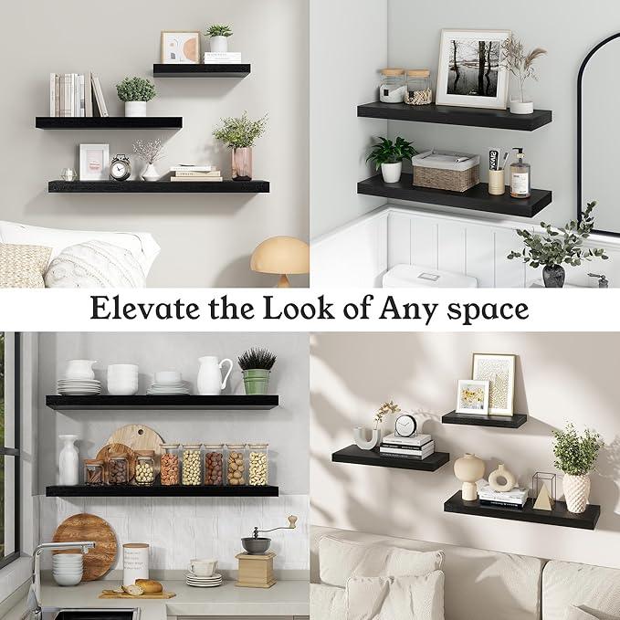 Floating Shelves for Wall, Wall Mounted Rustic Wood Shelves for Bathroom, Bedroom, Living Room, Kitchen, Hanging Shelf for Books/Storage/Room Decor (Black, 30") - ModernBath