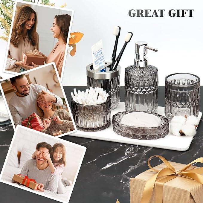 Ulable Bathroom Accessories Set, 5Pcs Bathroom Soap Dispenser Set, Glass Bathroom Accessories with Glass Soap Dispenser, Soap Dish, Toothbrush Holder, Tumbler, Cotton Swab Jar (Gradient Black & Clear) - ModernBath