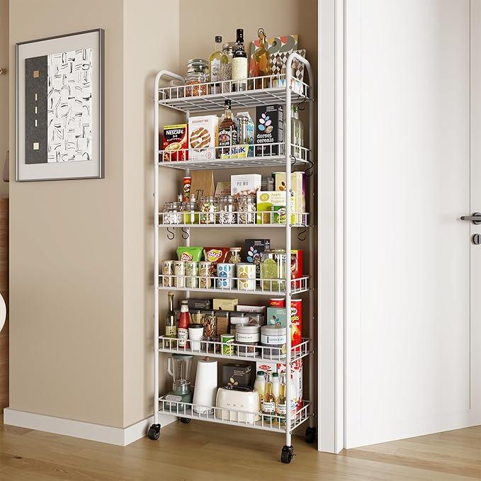 6 Tier Slim Rolling Storage Cart with Wheels, Metal Mobile Shelving Unit Organizer Utility Cart for Office Bathroom Kitchen Laundry Room Narrow Places (White 10 Inches) - ModernBath