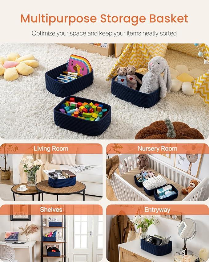 Small Woven Basket, 12 x 8 x 4.5 Inches, Storage Basket for Organizing, Cute Small Rope Shelf Closet Cube Storage Bins Baskets for Shelves, Dog Toy Gift Baskets Empty, 3 Packs, Navy Blue - ModernBath