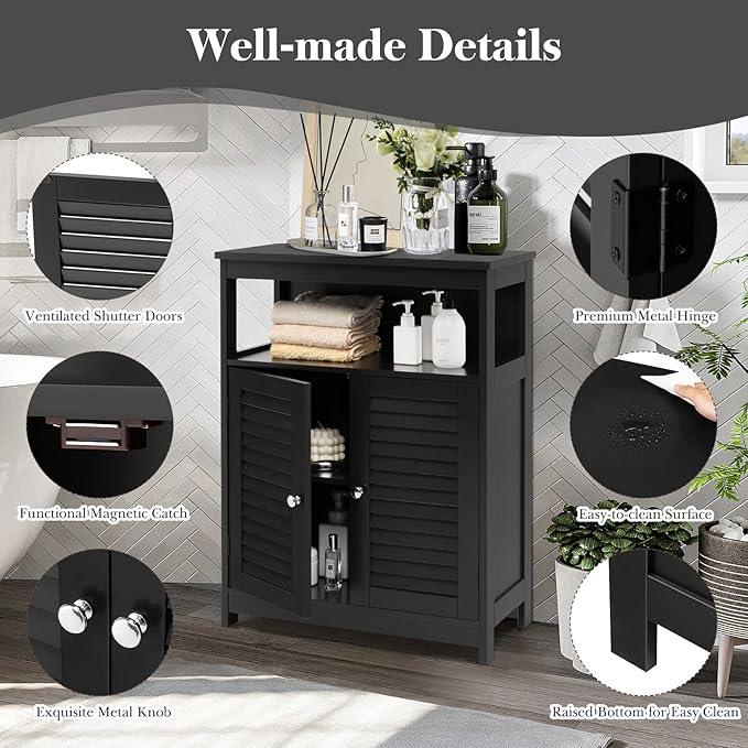 GLACER Bathroom Floor Cabinet, Wooden Storage Cabinet with Double Shutter Doors & 3-Position Adjustable Shelf, Side Storage Organizer, 23.5 x 12 x 31.5 inches (Black) - ModernBath