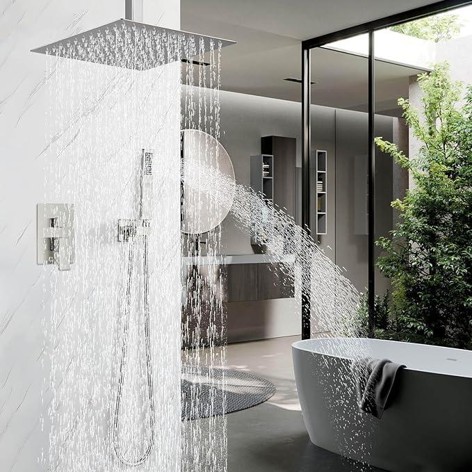 Shower Faucet Set Brushed Nickel Rain Shower System with High Pressure 8 Inches Rain Shower Head and Handheld Spray Bathroom Luxury Rain Mixer Shower Complete Combo Set Ceiling Mounted - ModernBath