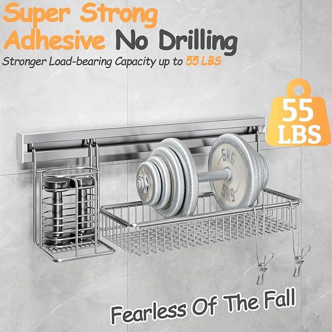 MINGLING Stainless Steel Shower Caddy, 41 cm Wall Back Crossbar Rustproof Shelves with 2 Long Tail Hook Clip, Large Capacity Bathroom Organizers and Storage - ModernBath