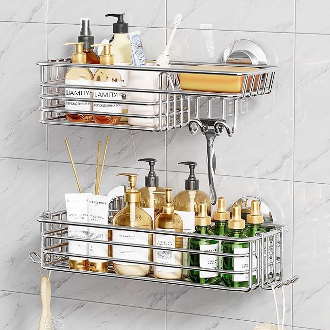 TAILI Shower Caddy Suction Cup 2 Pack with Hooks and Soap Holder, Heavy Duty Shower Organizer for Bathroom, No Drilling Silver bathroom suction shelves - ModernBath