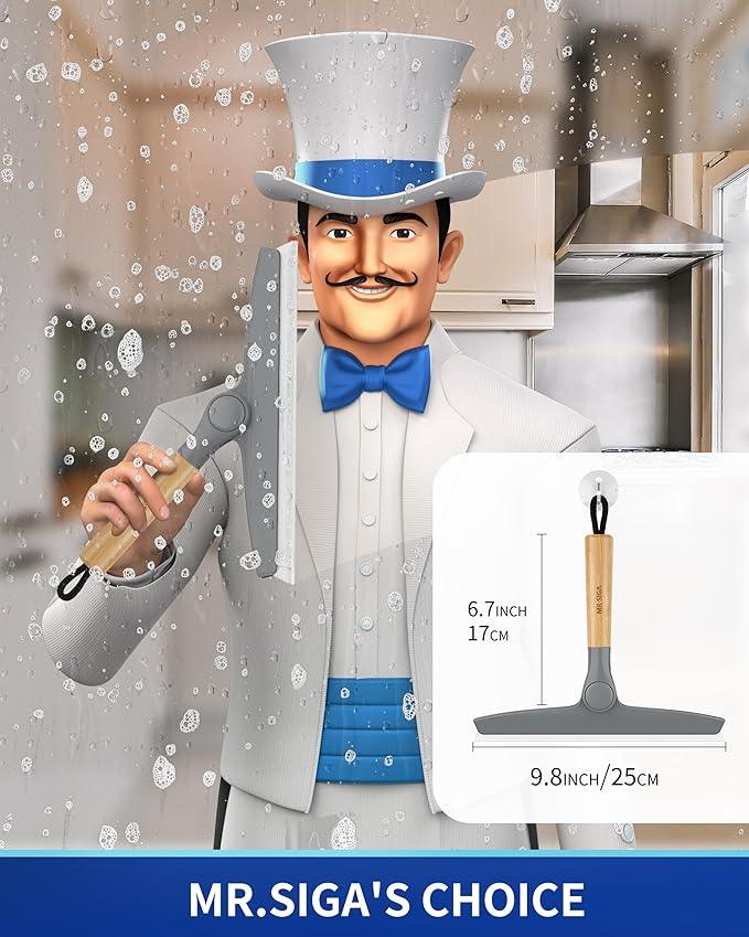 MR.SIGA All Purpose Silicone Squeegee for Shower Door, Mirror, Glass, Streak Free Shower Squeegee, Pivoting Bamboo Handle, Includes 1 Suction Hook, 10 inch Wide, Gray, 1 Pack - ModernBath