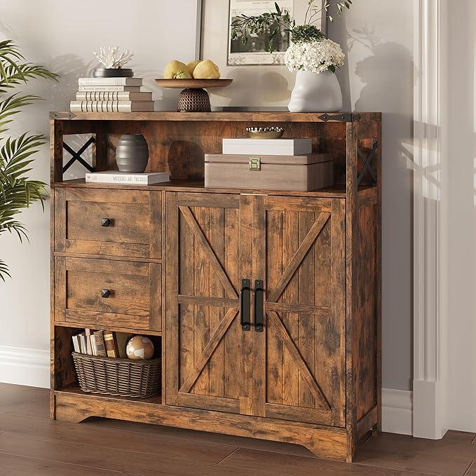 Fameill Farmhouse Storage Cabinet with Drawers and Open Storage,Freestanding Kitchen Pantry with 2 Barn Doors, Floor Cabinet with Adjustable Shelf for Living Room,Brown - ModernBath