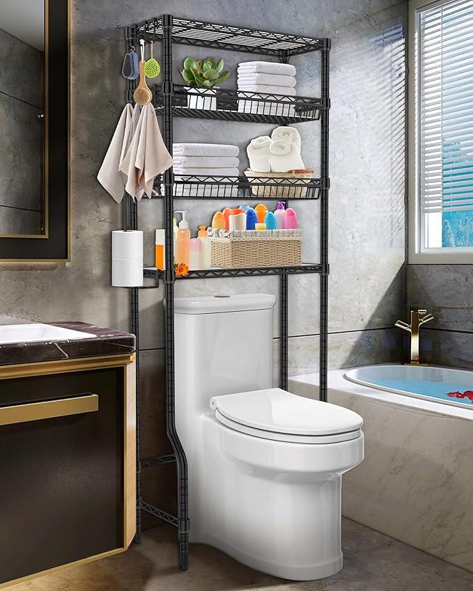 Bathroom Organizer Over The Toilet Storage, 4-Tier Metal Bathroom Over Toilet Storage Shelf Rack Freestanding Space Saver with Adjustable Shelves and Baskets, Black - ModernBath