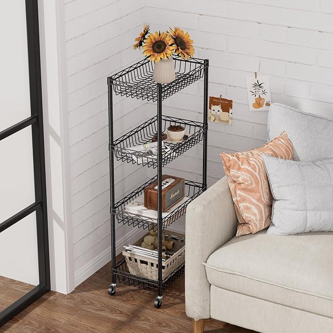 4 Tier Shelf Wire Shelving Unit Adjustable Storage Shelves Big Basket Rack Standing Units for Kitchen Closet Laundry Bathroom Organizers Metal Pantry Mesh 10" D x 16" W x 55" H Black - ModernBath