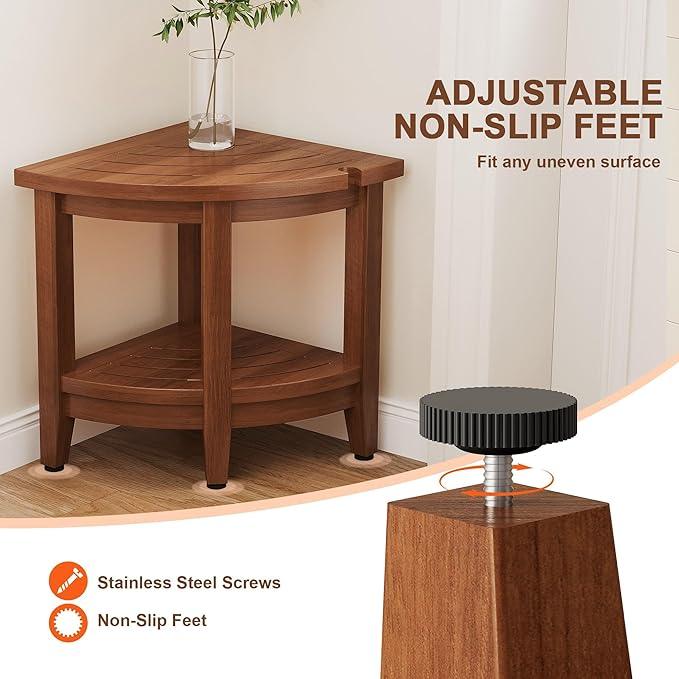 Jekruiet 18" Teak Corner Shower Stool, Inside Shower Stool with Storage Shelf, Waterproof Teak Stool for Shaving Legs and to Sit On, 2-Tier Shower Stool,Adjustable Feet, Non-Slip, Brown - ModernBath