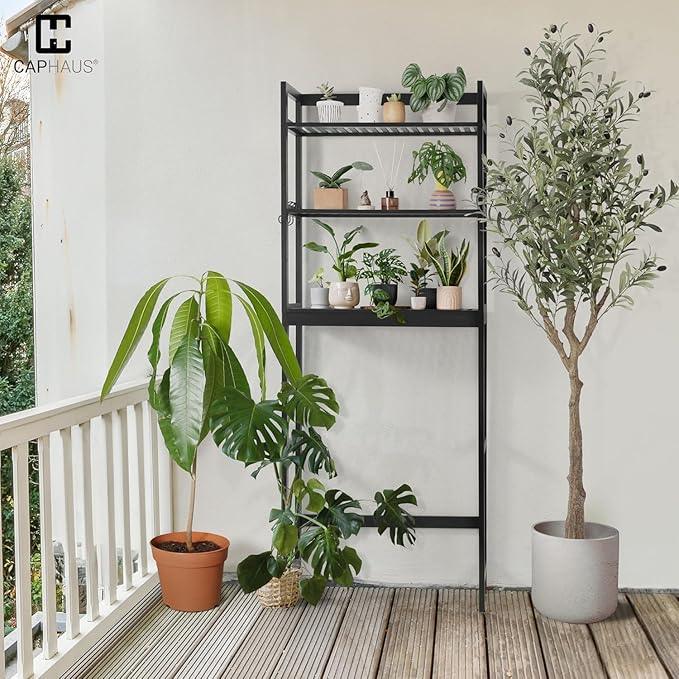 CAPHAUS Over The Toilet Storage Shelf,3-Tier Over-The-Toilet Shelf Rack with Adjustable Feet & Hooks, Freestanding Bamboo Toilet Shelf, Bathroom & Laundry Organizer, Balcony Plant Stand, Black - ModernBath