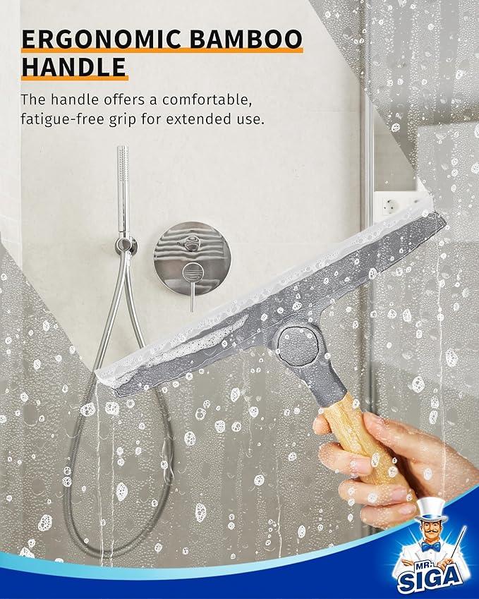 MR.SIGA All Purpose Silicone Squeegee for Shower Door, Mirror, Glass, Streak Free Shower Squeegee, Pivoting Bamboo Handle, Includes 1 Suction Hook, 10 inch Wide, Gray, 1 Pack - ModernBath