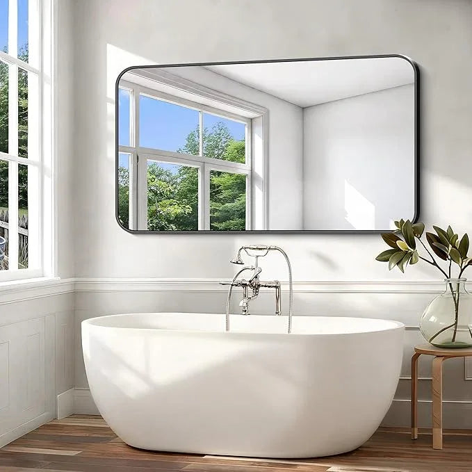 CIVENO Black Bathroom Mirror, 66x36 inch Aluminum Metal Frame Rectangular Vanity Mirror, Large Wall Mounted Rectangle Mirrors with Rounded Corner for Over Sink Bedroom Living Room Horizontal/Vertical - ModernBath
