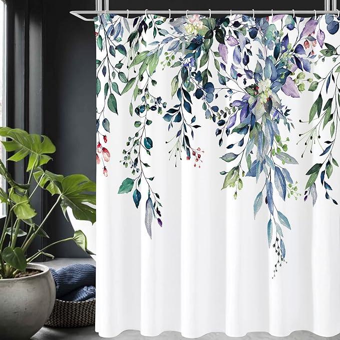 Gibelle Extra Long Shower Curtain 72 x 84, Green Eucalyptus Leaves Shower Curtain, Watercolor Floral Plant Bathroom Curtains Shower Set - ModernBath