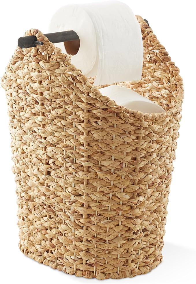Casafield Toilet Paper Storage Basket with Wood Roll Holder Bar - Natural, Braided Water Hyacinth Wicker Bathroom Tissue Storage Organizer - ModernBath