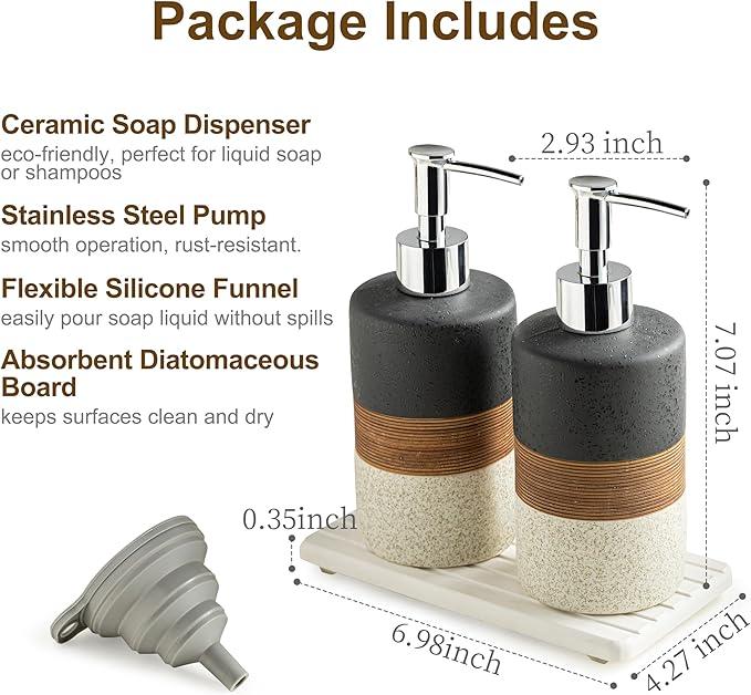 Cormomu Ceramic Dish Soap Dispensers Set(2 Pack), Hand, Dish, Shower Soap Dispenser for Kitchen Sink & Bathroom, Includes Stainless Steel Pump, Silicone Funnel & Diatomaceous Holder, Black - ModernBath
