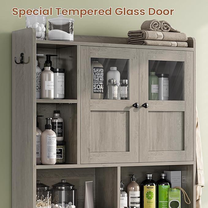 Itaar Over The Toilet Storage Cabinet, Over Toilet Bathroom Organizer with Glass Doors & Toilet Paper Holder Stand, Home Space-Saving Toilet Rack, for Bathroom, Restroom, Laundry, Grey - ModernBath