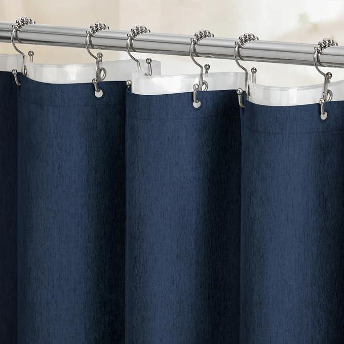 BTTN 3 in 1 Shower Curtain Set, Navy Blue Linen Textured Fabric Shower Curtain and Clear Liner Set with Plastic Hook, Modern Hotel Luxury Weighted Waterproof Shower Curtain for Bathroom, Blue, 72x72 - ModernBath