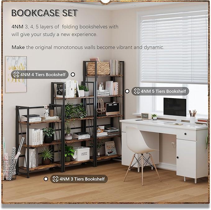 4NM No Assembly Folding Bookshelf Storage Shelves 4 Tiers Vintage Bookcase Standing Racks Study Organizer Home Office (Rustic Brown Black) - ModernBath