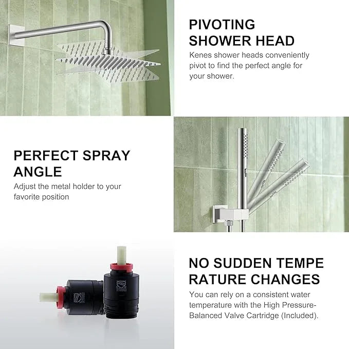 KENES Square Rainfall Shower System Faucet Set, Brushed Nickel Rain Shower Head and Handle Set, 10 Inch Stainless Shower Head with Handheld Spray (Shower Valve Included), LJ-6026A - ModernBath