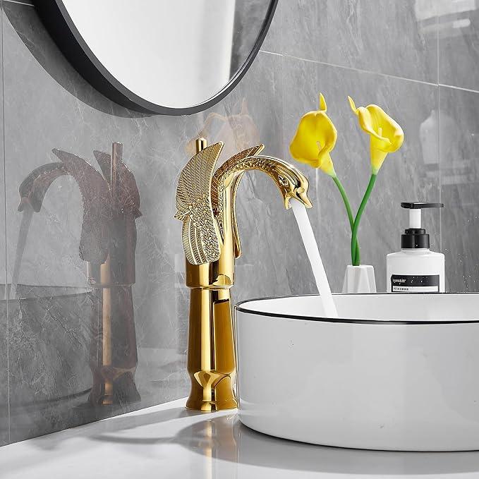 GGStudy Gold Swan Shape Single Handle One Hole Bathroom Vessel Sink Faucet Deck Mount Lavatory Sink Faucet - ModernBath