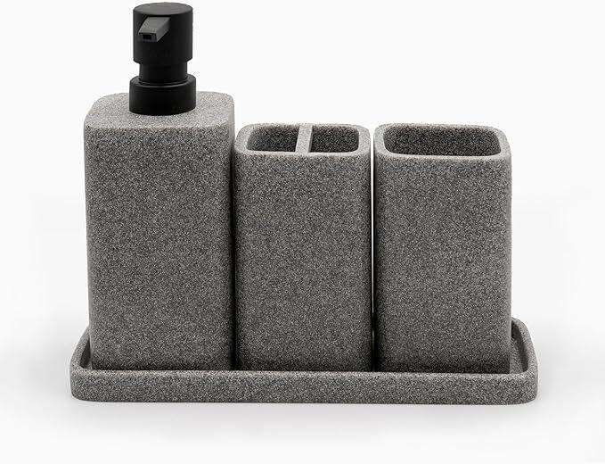 ZCCZ Grey Bathroom Accessory Sets, 4 Pieces Bathroom Accessories Complete Set Vanity Countertop Accessory Set, Includes Lotion Dispenser Soap Pump, Tumbler, Toothbrush Holder and Tray - ModernBath