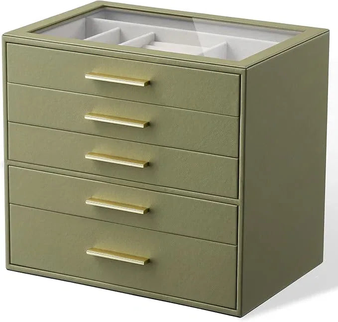 Jewelry Box Organizer Case for Women: 5-Layer Jewelry Storage Case with Glass Window, Olive Green Leather with Cream Velvet, Holder for Ring Necklace Bracelet Brooch Watch, Great Gift for Her - ModernBath