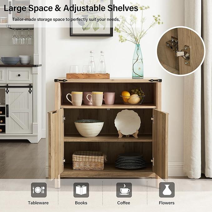 Buffet Cabinet with Storage - Modern Farmhouse Rustic 32 Fluted Sideboard Storage Cabinet Buffet with Adjustable Shelves, Coffee Wine Bar Organizer for Dining Room (Sunwashed Ash Oak) - ModernBath