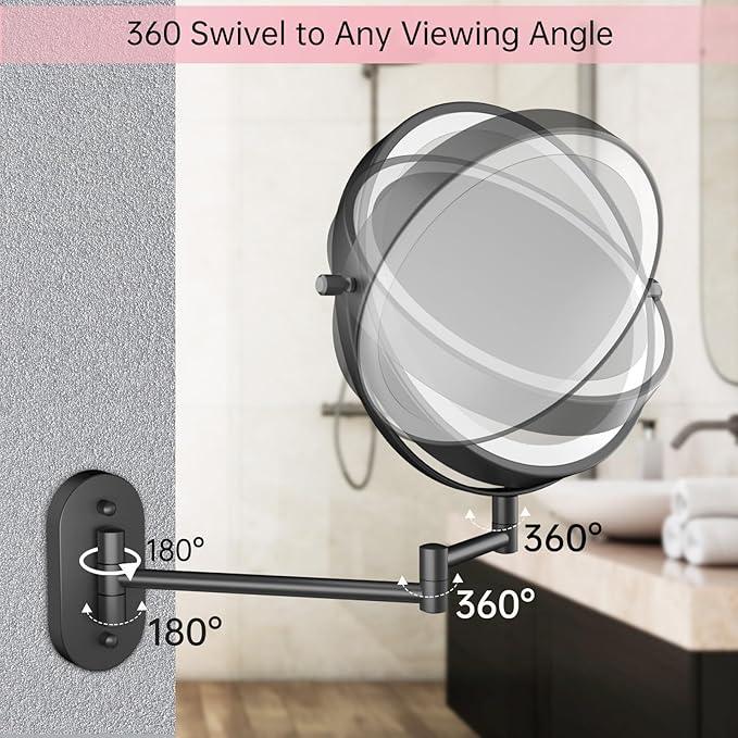 FUNTOUCH Rechargeable Wall Mounted Lighted Makeup Vanity Mirror 8 Inch Double Sided 1X 30X Magnifying Bathroom Mirror, 3 Color Lighting, Touch Dimming, Extended Arm 360 Rotation Light up Mirror Black - ModernBath
