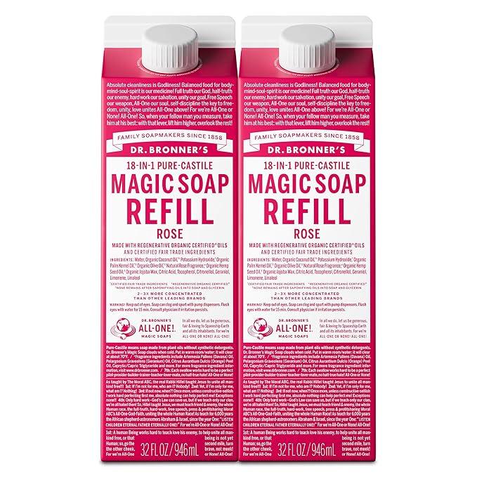 Dr. Bronner's Magic Soap-Pure-Castile Liquid Soap Refill (Rose 32 ounce, 2-Pack)-Regenerative Organic Certified Oils, For Body, Hair, Laundry, Pets & Dishes, Concentrated, Vegan, Non-GMO - ModernBath