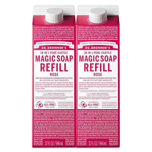 Dr. Bronner's Magic Soap-Pure-Castile Liquid Soap Refill (Rose 32 ounce, 2-Pack)-Regenerative Organic Certified Oils, For Body, Hair, Laundry, Pets & Dishes, Concentrated, Vegan, Non-GMO - ModernBath