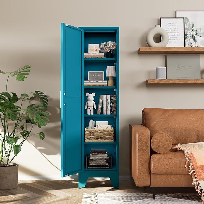 COFaR Tall Bathroom Cabinet, Metal Farmhouse Narrow Slim Storage Cabinet with Adjustable Shelves Barn Door for Bathrooms, Kitchens, Entrances Living Room (Blue) - ModernBath