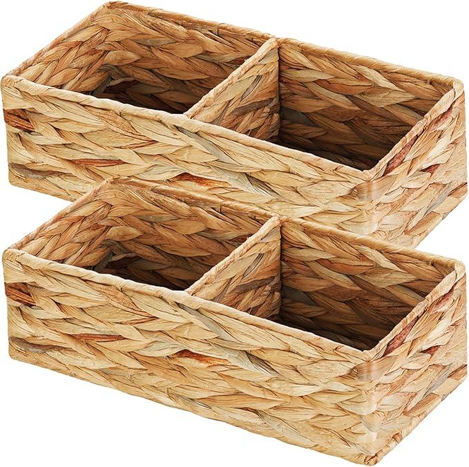Vagusicc 2 Section Wicker Storage Basket, Set of 2 Hand-woven Water Hyacinth Storage Baskets, Toilet Tank Basket, Small Wicker Baskets, Woven baskets, Baskets for Organizing Storage Shelves, 2-Pack - ModernBath