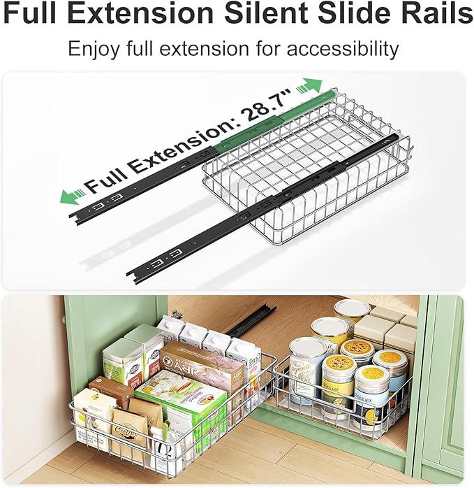 Pull out Cabinet Organizer, Stainless Steel 2-Pack Slide out Drawer with Silent Full-Extension Slides, Adhesive Roll out Can Spice Storage Basket Shelf Rack for Pantry, Kitchen, Bathroom, Home Closet - ModernBath
