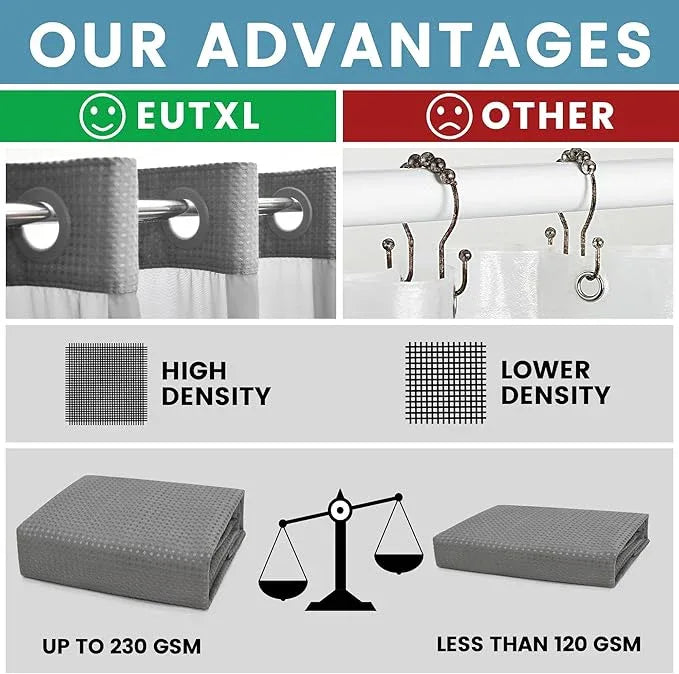 EUTXL Long No Hook Shower Curtain with Snap in Liner,230GSM Waffle Weave Shower Curtains for Bathroom,71W x 77H(75"),Grey - ModernBath