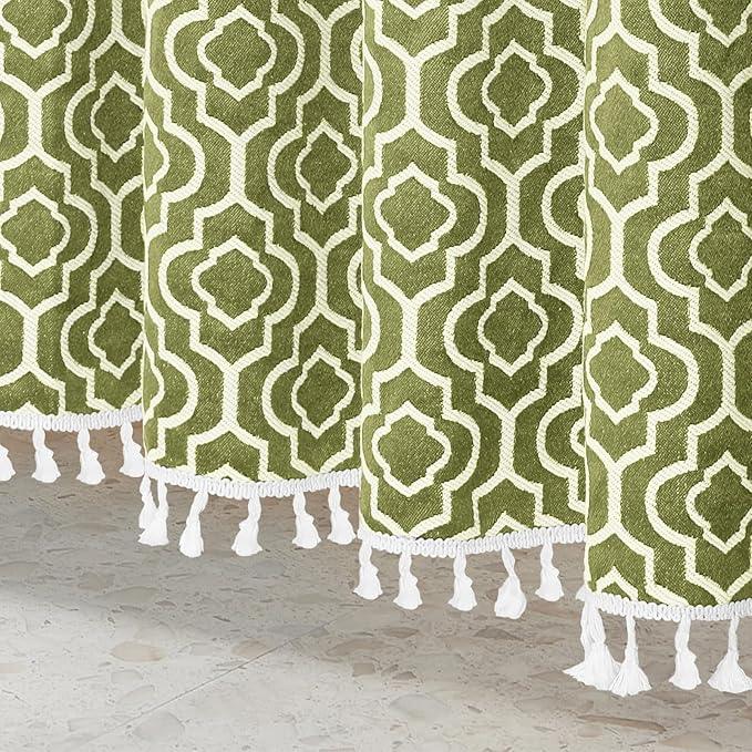 MitoVilla Boho Extra Long Shower Curtain 72 x 84, Modern Farmhouse 84 inch XL Cotton Geometric Texture Tassel Fabric Shower Curtain Set with Hooks for Cottagecore Country Bathroom Decor - ModernBath