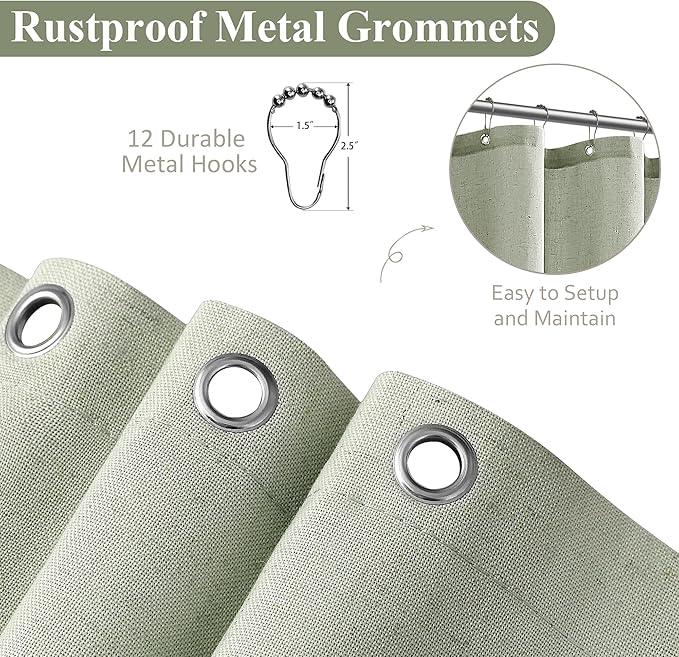Naturoom Mist Sage Linen Shower Curtain, Country Boho Farmhouse Bath Decor Shower Curtains Neutral Cloth Weighted Textured Fabric Bath Curtain Liner with Hooks, 72x78 - ModernBath